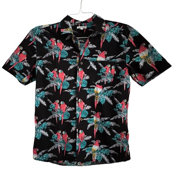 Banks Journal Men Hawaiian Shirt Black & Parrots Tropical Summer Size M Cotton - Picture 1 of 5